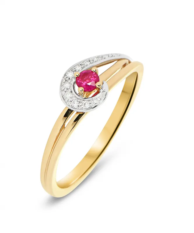 Bague Or 2 tons Rubis Rond  et Diamants